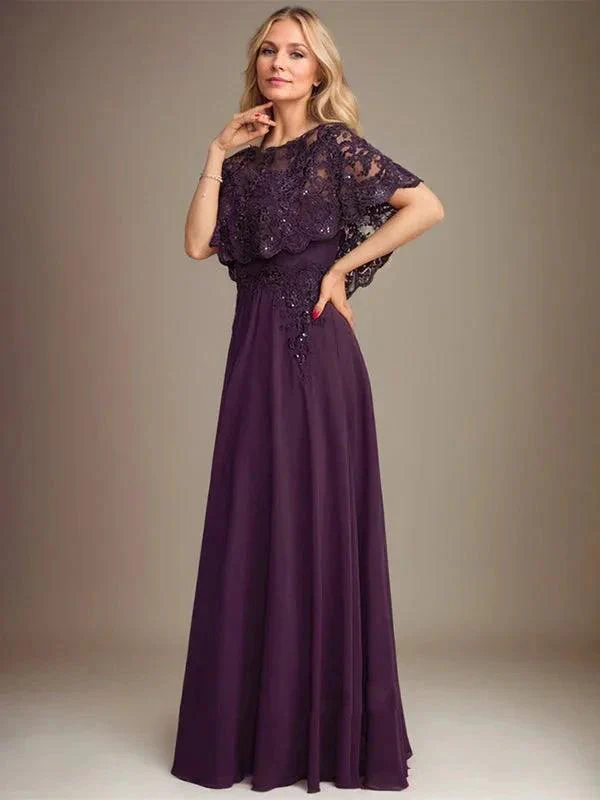 A-line Boat Neck Floor-Length Lace Chiffon Mother of the Bride Dress With Applique Sequins - Image 4
