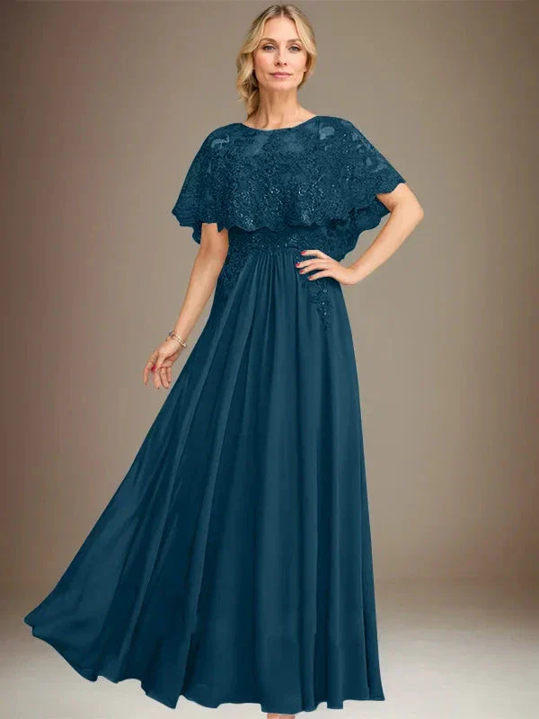 A-line Boat Neck Floor-Length Lace Chiffon Mother of the Bride Dress With Applique Sequins - Image 40