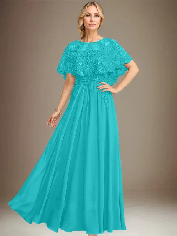 A-line Boat Neck Floor-Length Lace Chiffon Mother of the Bride Dress With Applique Sequins - Image 41