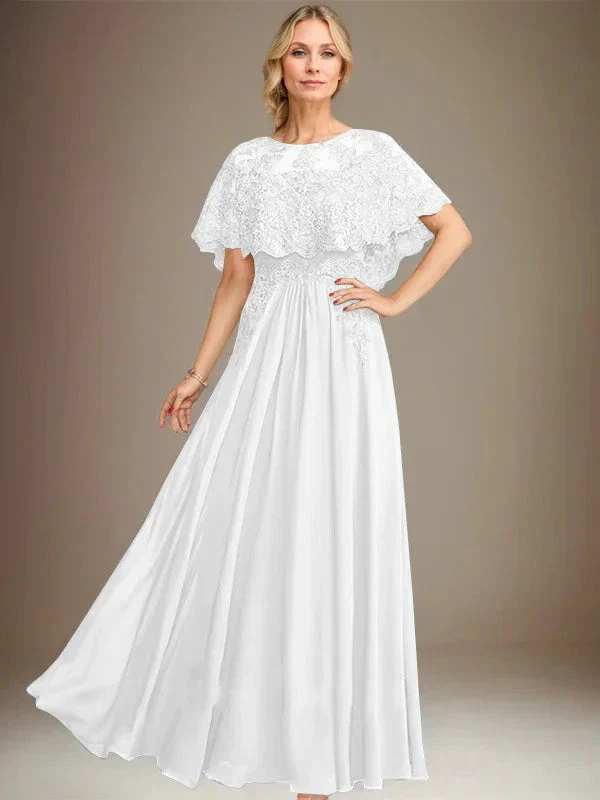 A-line Boat Neck Floor-Length Lace Chiffon Mother of the Bride Dress With Applique Sequins - Image 42