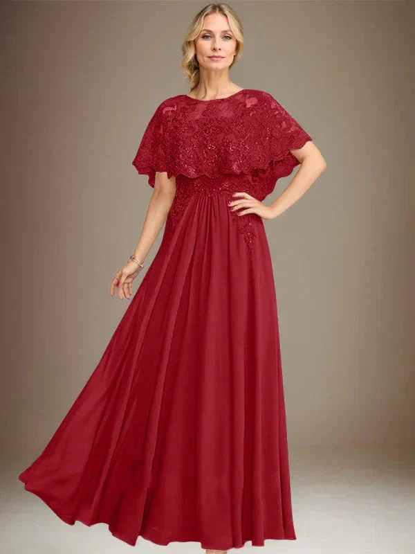 A-line Boat Neck Floor-Length Lace Chiffon Mother of the Bride Dress With Applique Sequins - Image 43