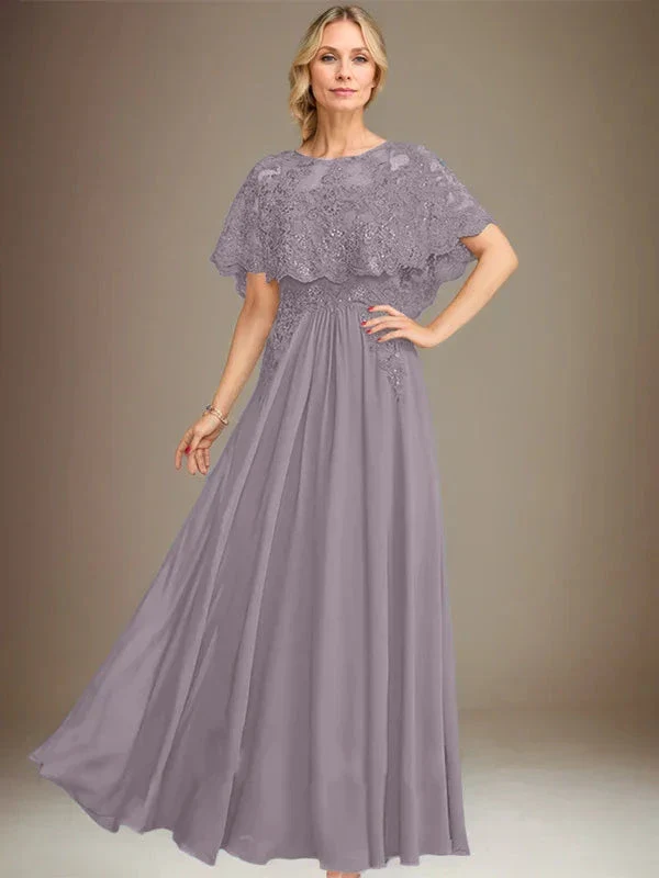 A-line Boat Neck Floor-Length Lace Chiffon Mother of the Bride Dress With Applique Sequins - Image 44