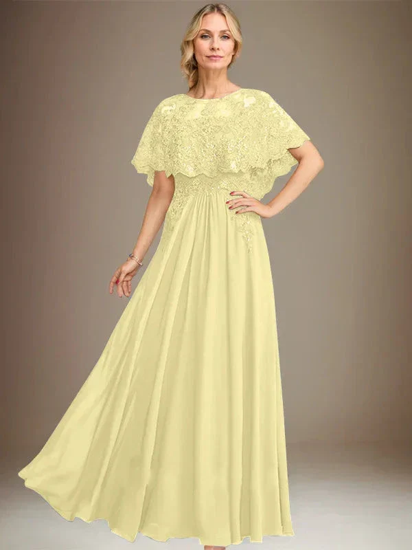 A-line Boat Neck Floor-Length Lace Chiffon Mother of the Bride Dress With Applique Sequins - Image 45