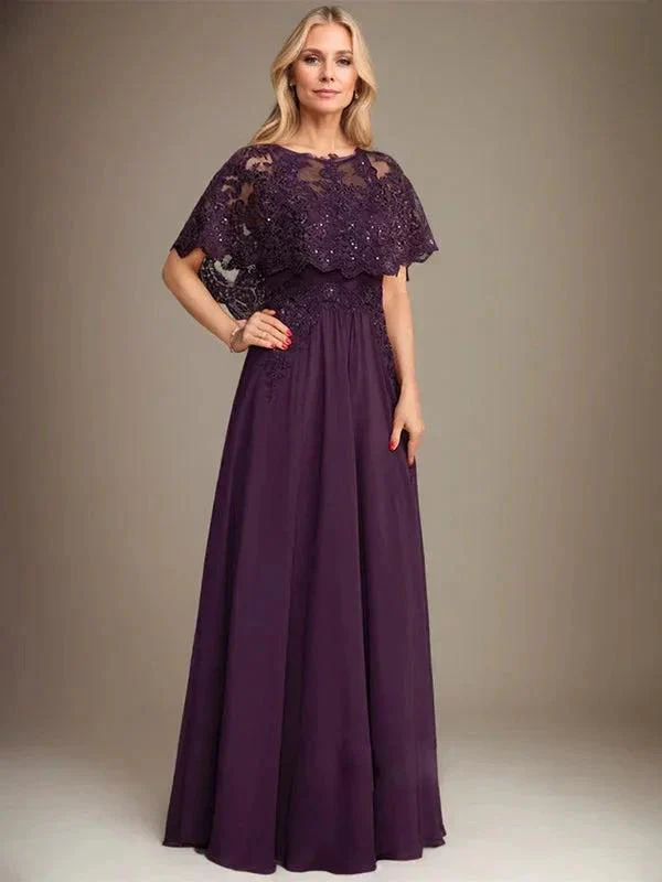 A-line Boat Neck Floor-Length Lace Chiffon Mother of the Bride Dress With Applique Sequins - Image 5