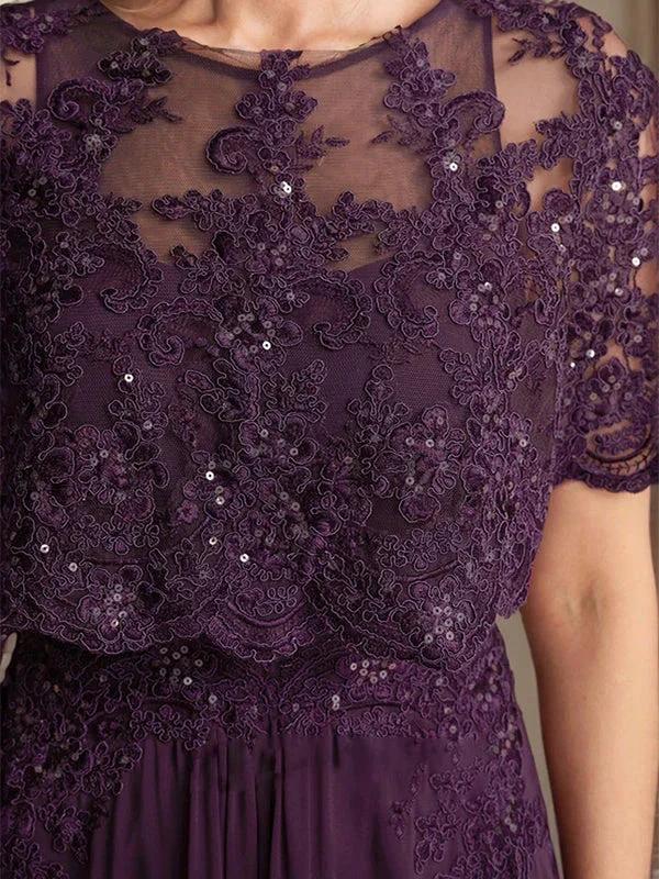 A-line Boat Neck Floor-Length Lace Chiffon Mother of the Bride Dress With Applique Sequins - Image 6