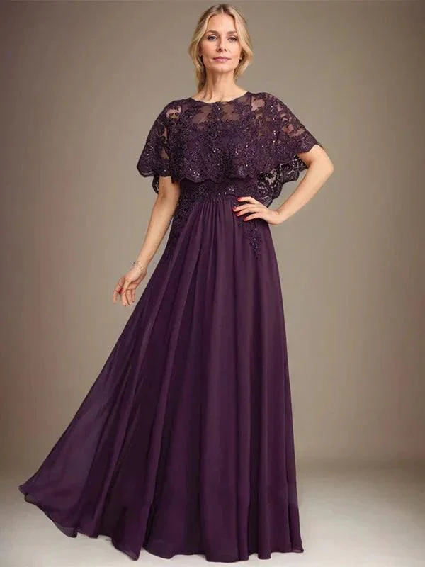 A-line Boat Neck Floor-Length Lace Chiffon Mother of the Bride Dress With Applique Sequins - Image 7