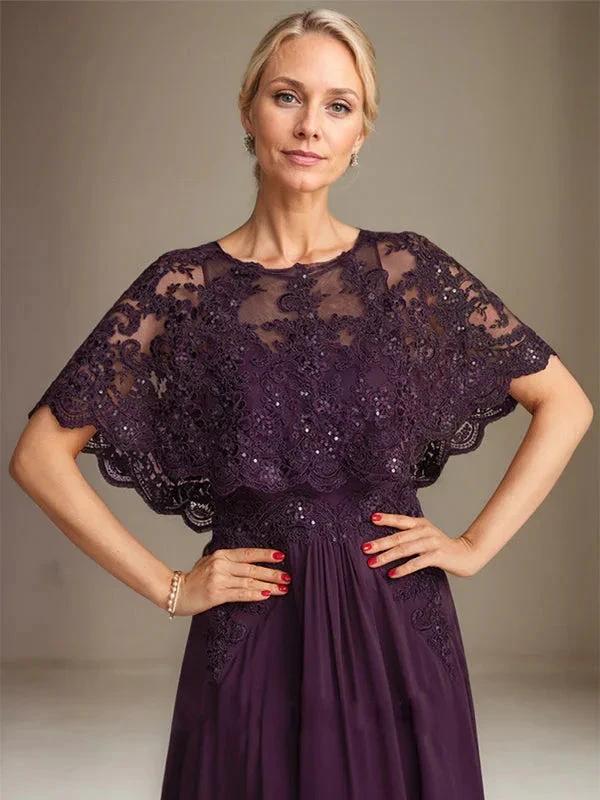 A-line Boat Neck Floor-Length Lace Chiffon Mother of the Bride Dress With Applique Sequins - Image 8