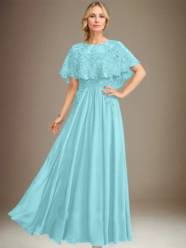 A-line Boat Neck Floor-Length Lace Chiffon Mother of the Bride Dress With Applique Sequins - Image 9