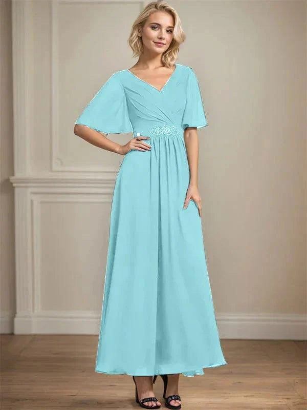 A-line V-Neck Ankle-Length Chiffon Mother of the Bride Dress With Pleated Beading Sequins - Image 10