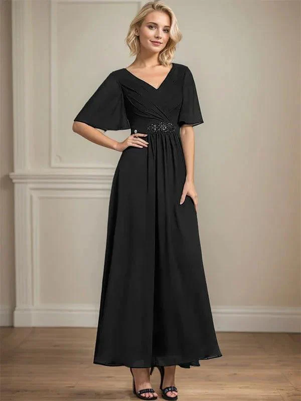A-line V-Neck Ankle-Length Chiffon Mother of the Bride Dress With Pleated Beading Sequins - Image 11