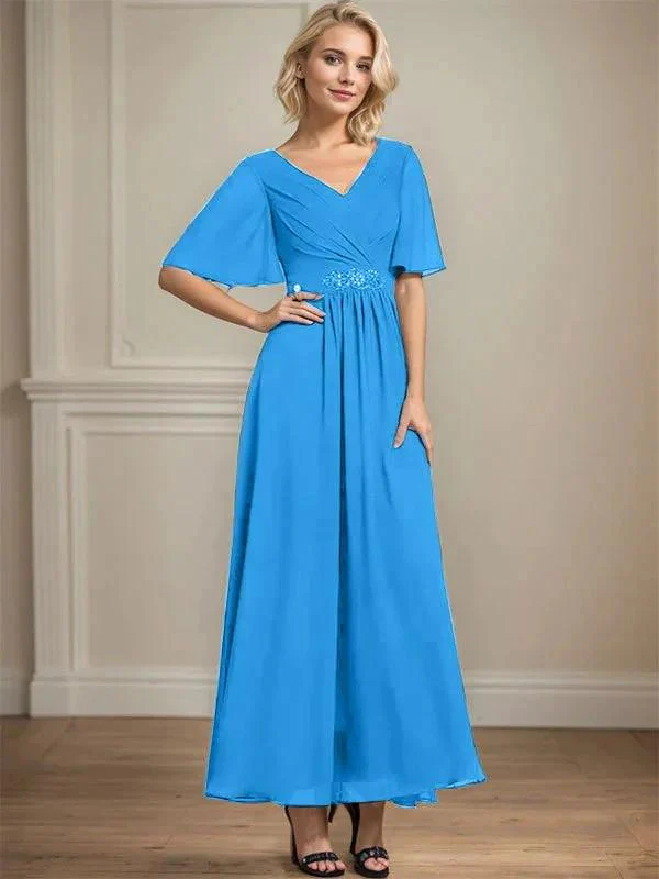 A-line V-Neck Ankle-Length Chiffon Mother of the Bride Dress With Pleated Beading Sequins - Image 12