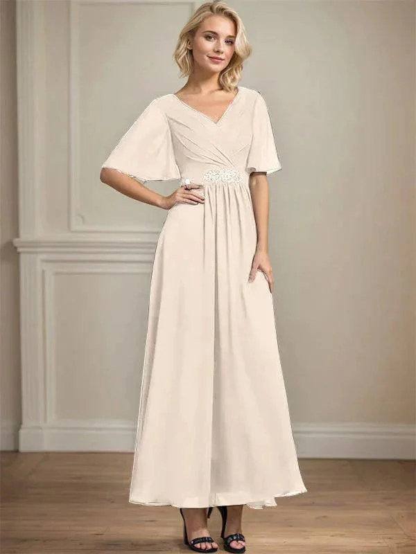 A-line V-Neck Ankle-Length Chiffon Mother of the Bride Dress With Pleated Beading Sequins - Image 13