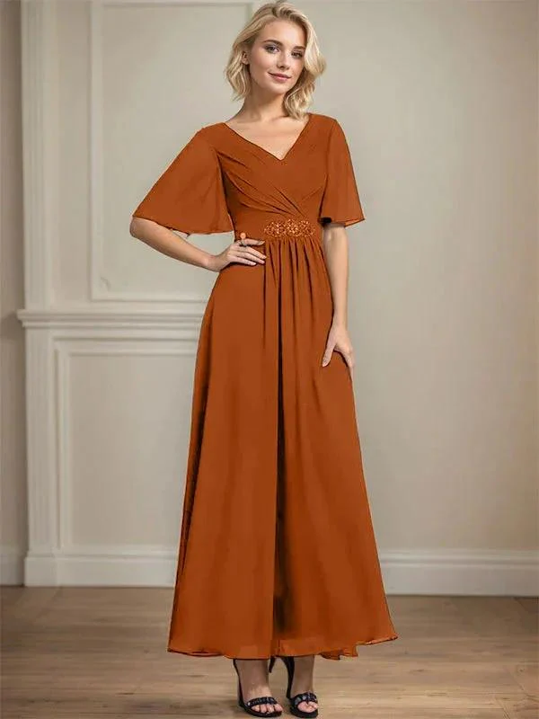 A-line V-Neck Ankle-Length Chiffon Mother of the Bride Dress With Pleated Beading Sequins - Image 14