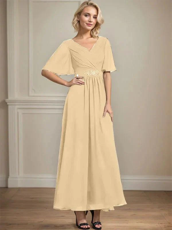 A-line V-Neck Ankle-Length Chiffon Mother of the Bride Dress With Pleated Beading Sequins - Image 15
