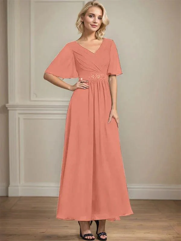 A-line V-Neck Ankle-Length Chiffon Mother of the Bride Dress With Pleated Beading Sequins - Image 16