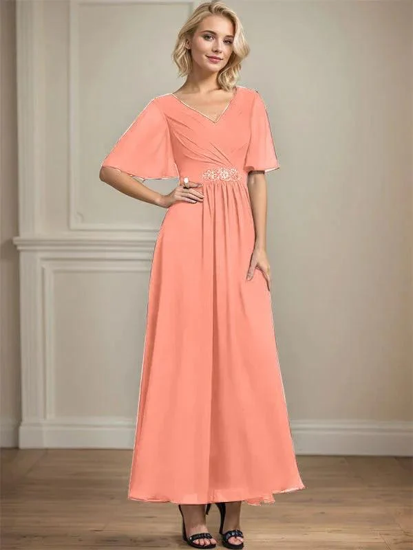 A-line V-Neck Ankle-Length Chiffon Mother of the Bride Dress With Pleated Beading Sequins - Image 17
