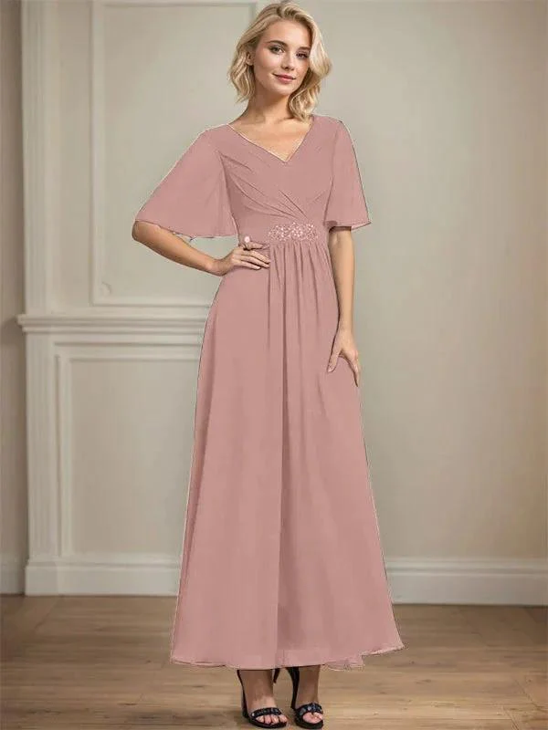 A-line V-Neck Ankle-Length Chiffon Mother of the Bride Dress With Pleated Beading Sequins - Image 18
