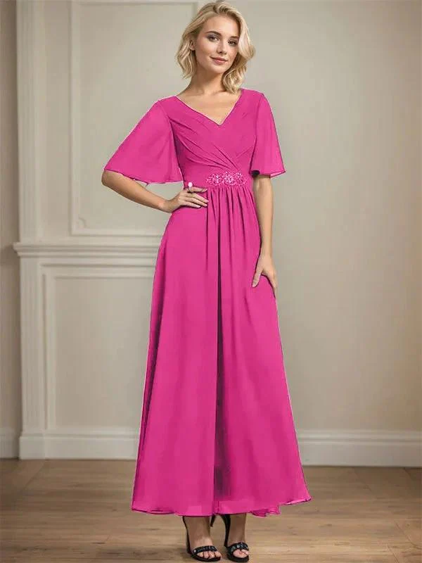 A-line V-Neck Ankle-Length Chiffon Mother of the Bride Dress With Pleated Beading Sequins - Image 19
