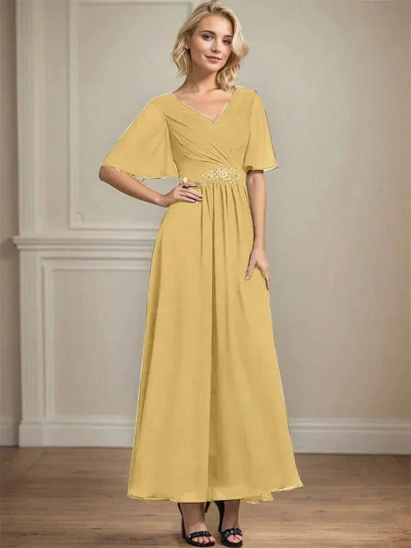 A-line V-Neck Ankle-Length Chiffon Mother of the Bride Dress With Pleated Beading Sequins - Image 20
