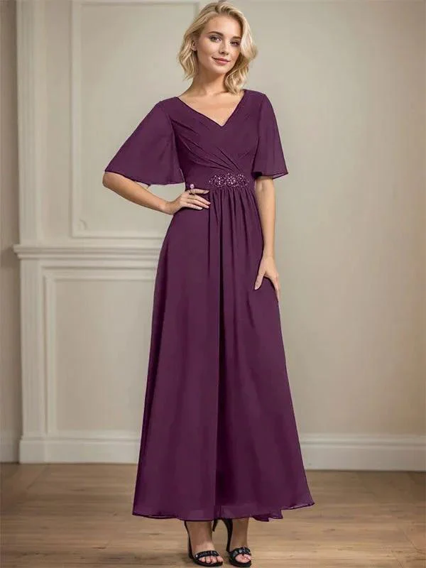 A-line V-Neck Ankle-Length Chiffon Mother of the Bride Dress With Pleated Beading Sequins - Image 21
