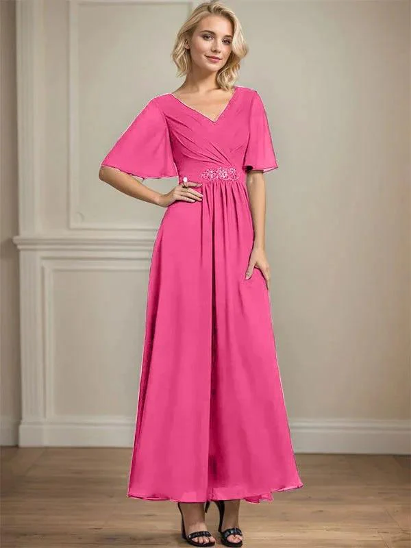 A-line V-Neck Ankle-Length Chiffon Mother of the Bride Dress With Pleated Beading Sequins - Image 22