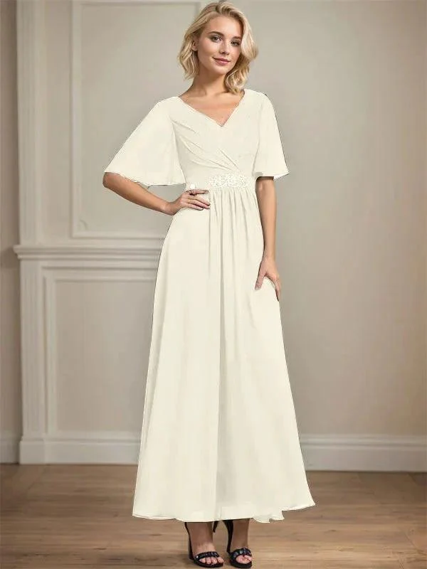 A-line V-Neck Ankle-Length Chiffon Mother of the Bride Dress With Pleated Beading Sequins - Image 23