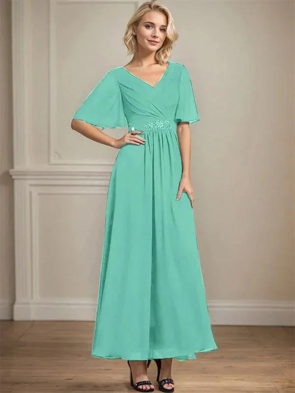 A-line V-Neck Ankle-Length Chiffon Mother of the Bride Dress With Pleated Beading Sequins - Image 24