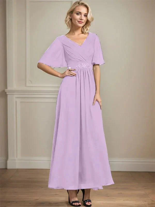A-line V-Neck Ankle-Length Chiffon Mother of the Bride Dress With Pleated Beading Sequins - Image 25