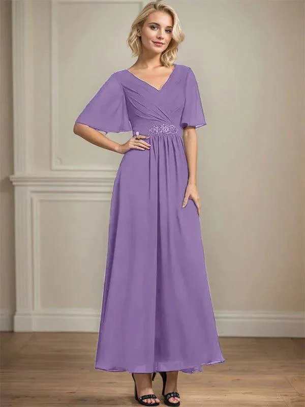 A-line V-Neck Ankle-Length Chiffon Mother of the Bride Dress With Pleated Beading Sequins - Image 26