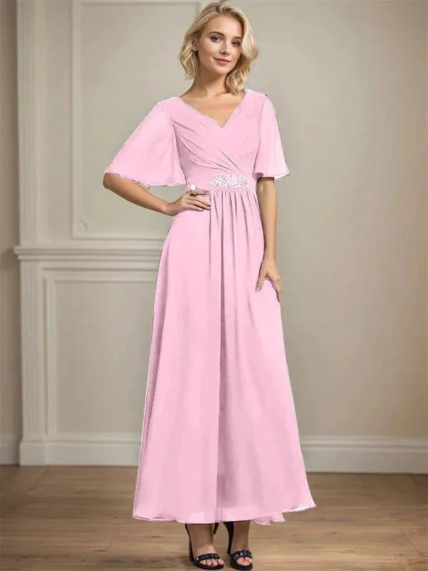 A-line V-Neck Ankle-Length Chiffon Mother of the Bride Dress With Pleated Beading Sequins - Image 27