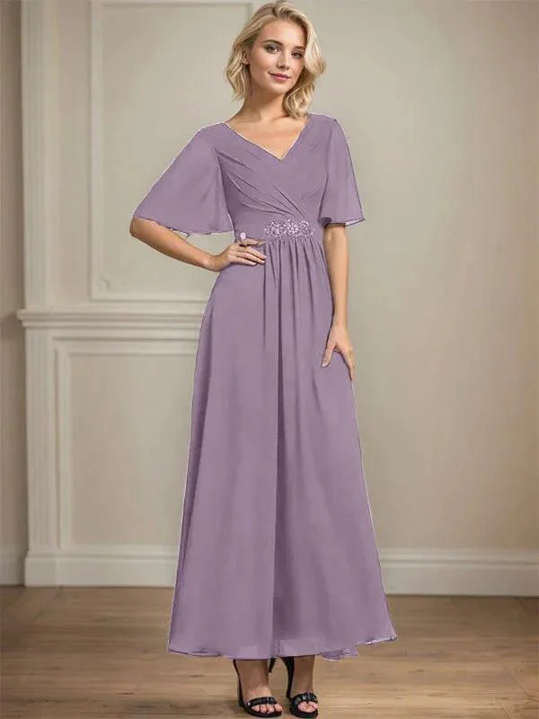 A-line V-Neck Ankle-Length Chiffon Mother of the Bride Dress With Pleated Beading Sequins - Image 28