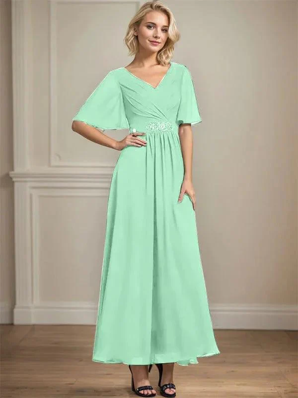 A-line V-Neck Ankle-Length Chiffon Mother of the Bride Dress With Pleated Beading Sequins - Image 29