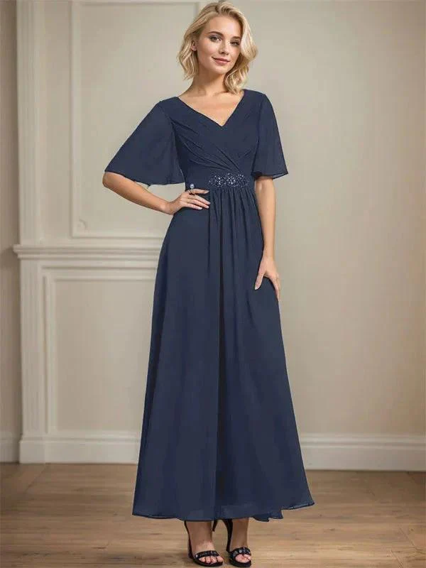 A-line V-Neck Ankle-Length Chiffon Mother of the Bride Dress With Pleated Beading Sequins - Image 30