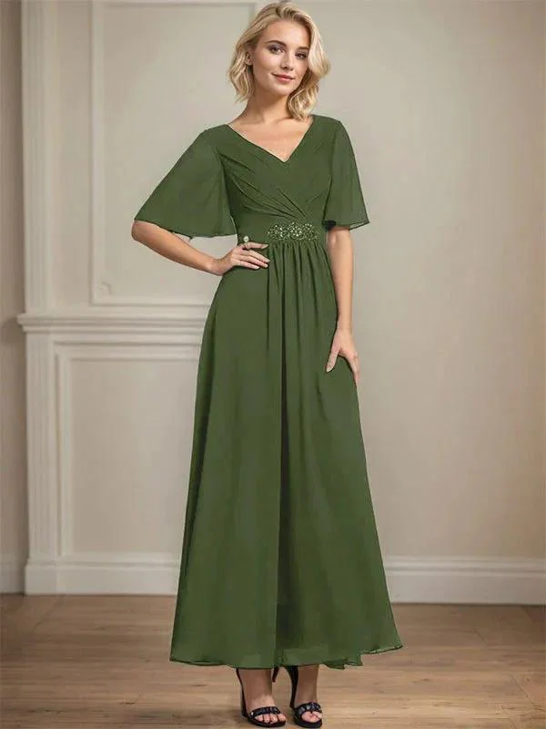 A-line V-Neck Ankle-Length Chiffon Mother of the Bride Dress With Pleated Beading Sequins - Image 31