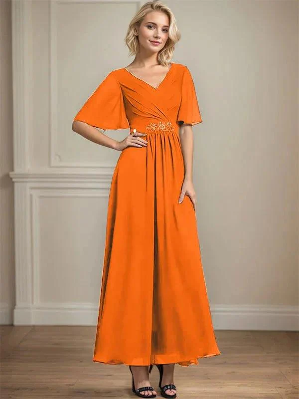 A-line V-Neck Ankle-Length Chiffon Mother of the Bride Dress With Pleated Beading Sequins - Image 32