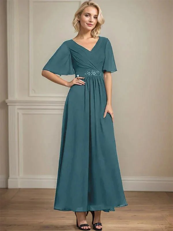 A-line V-Neck Ankle-Length Chiffon Mother of the Bride Dress With Pleated Beading Sequins - Image 33