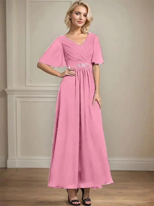 A-line V-Neck Ankle-Length Chiffon Mother of the Bride Dress With Pleated Beading Sequins - Image 34