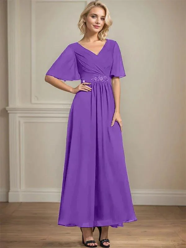 A-line V-Neck Ankle-Length Chiffon Mother of the Bride Dress With Pleated Beading Sequins - Image 35