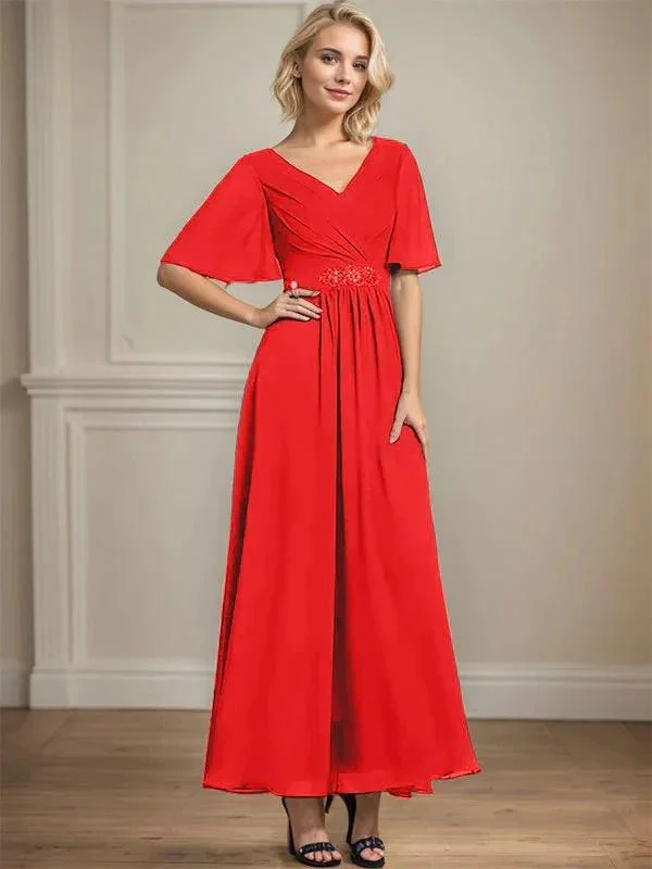 A-line V-Neck Ankle-Length Chiffon Mother of the Bride Dress With Pleated Beading Sequins - Image 36