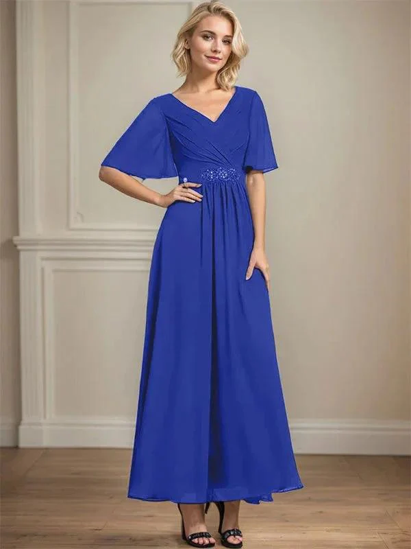 A-line V-Neck Ankle-Length Chiffon Mother of the Bride Dress With Pleated Beading Sequins - Image 37