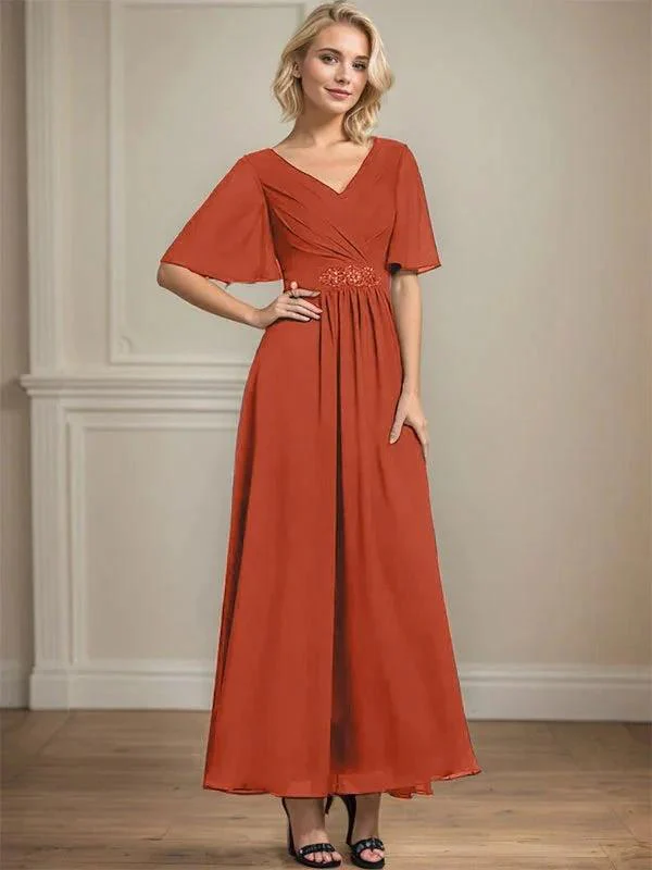 A-line V-Neck Ankle-Length Chiffon Mother of the Bride Dress With Pleated Beading Sequins - Image 38