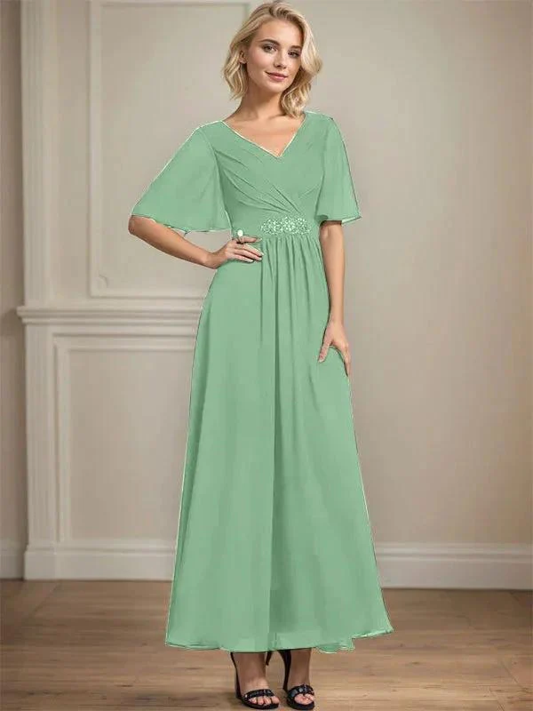 A-line V-Neck Ankle-Length Chiffon Mother of the Bride Dress With Pleated Beading Sequins - Image 39