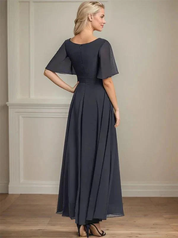 A-line V-Neck Ankle-Length Chiffon Mother of the Bride Dress With Pleated Beading Sequins - Image 4