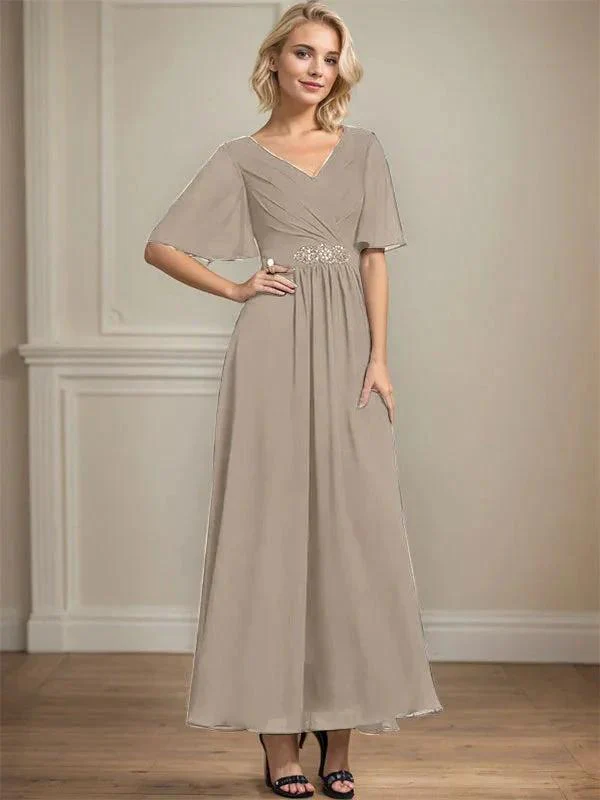 A-line V-Neck Ankle-Length Chiffon Mother of the Bride Dress With Pleated Beading Sequins - Image 40