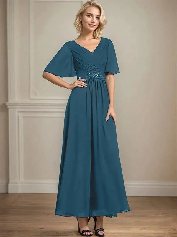 A-line V-Neck Ankle-Length Chiffon Mother of the Bride Dress With Pleated Beading Sequins - Image 41