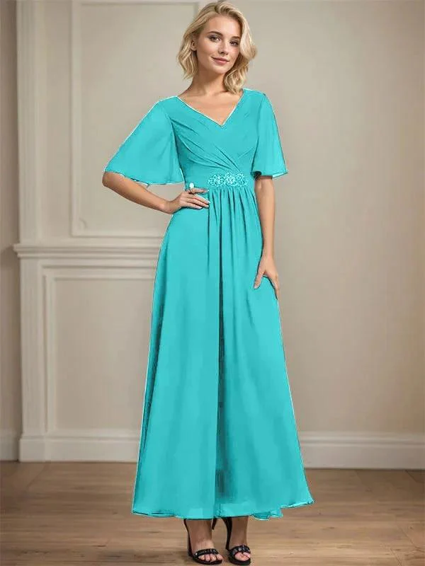 A-line V-Neck Ankle-Length Chiffon Mother of the Bride Dress With Pleated Beading Sequins - Image 42