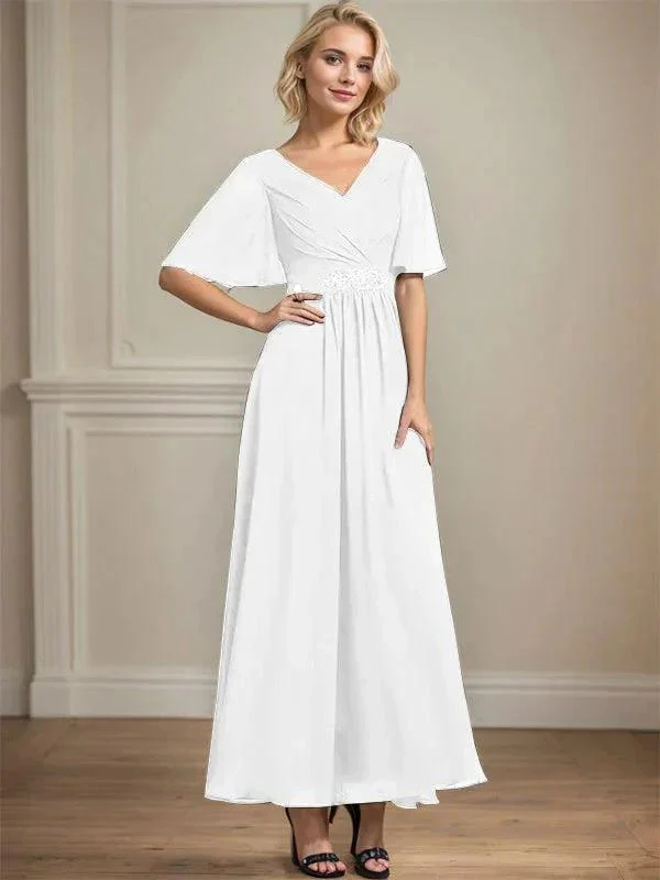 A-line V-Neck Ankle-Length Chiffon Mother of the Bride Dress With Pleated Beading Sequins - Image 43