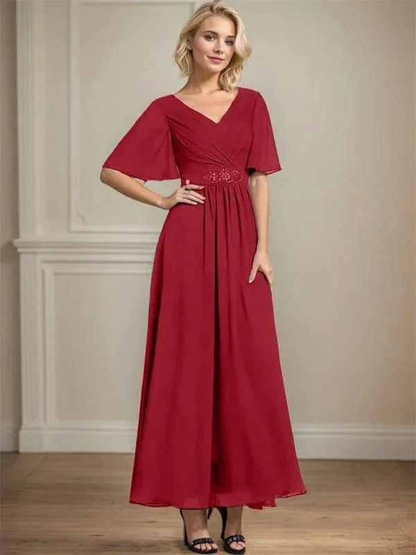A-line V-Neck Ankle-Length Chiffon Mother of the Bride Dress With Pleated Beading Sequins - Image 44