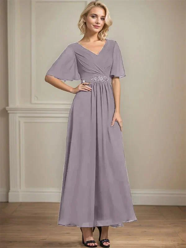 A-line V-Neck Ankle-Length Chiffon Mother of the Bride Dress With Pleated Beading Sequins - Image 45