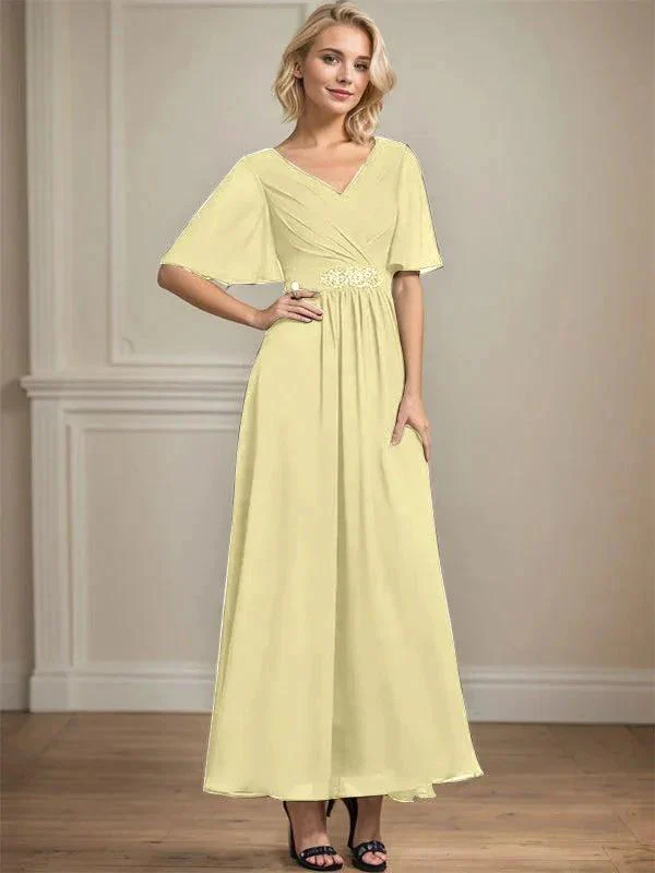 A-line V-Neck Ankle-Length Chiffon Mother of the Bride Dress With Pleated Beading Sequins - Image 46